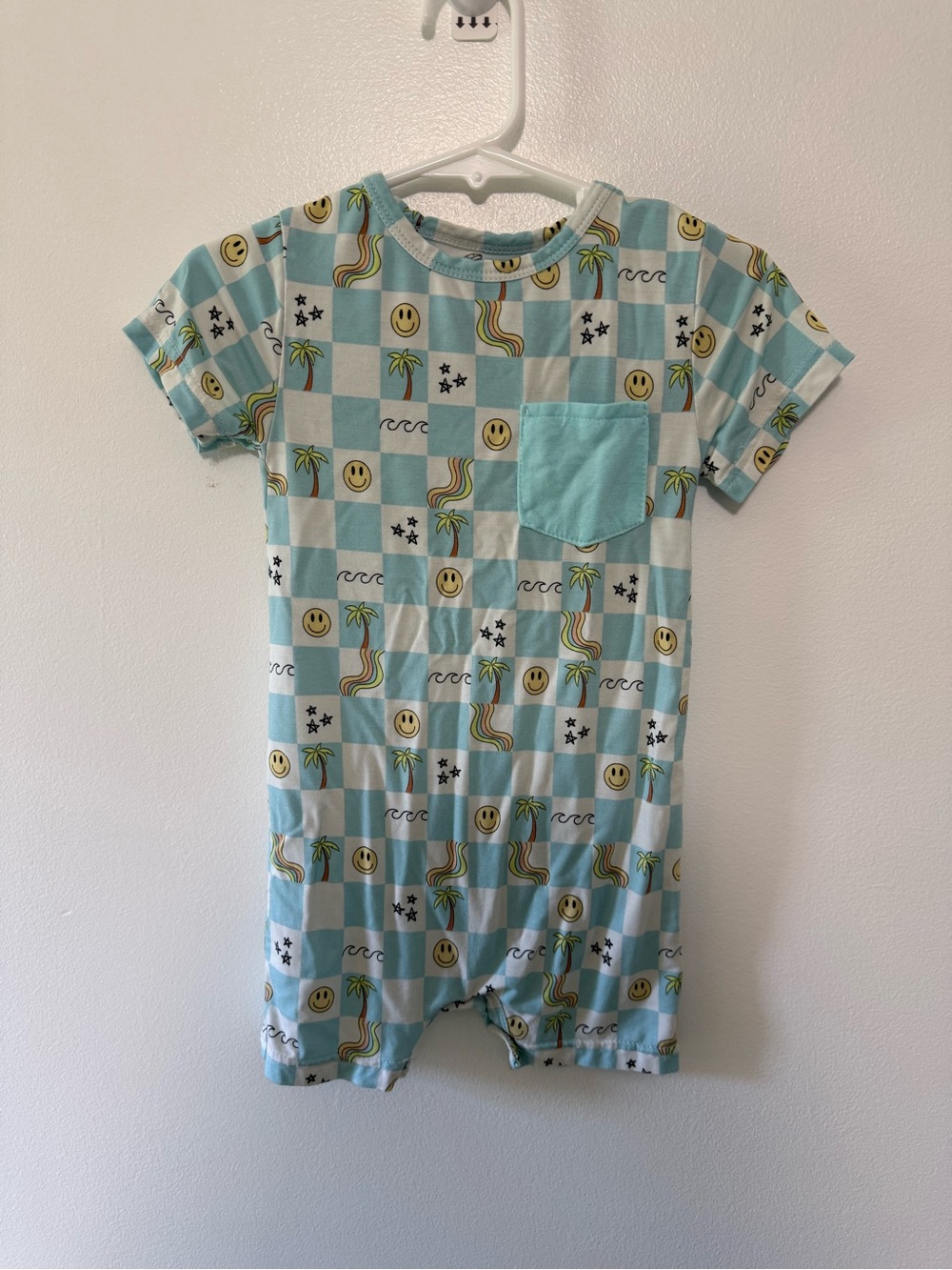 Toddler Checkerboard Palm & Smile Short Romper - Aqua